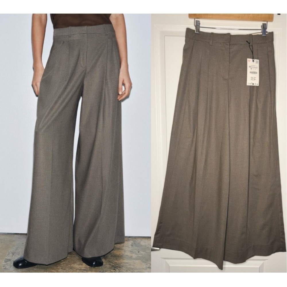 Zara ZW Collection Wide Leg Pleated Pants XS Brown Vigore Mid-Rise NWT $79.90